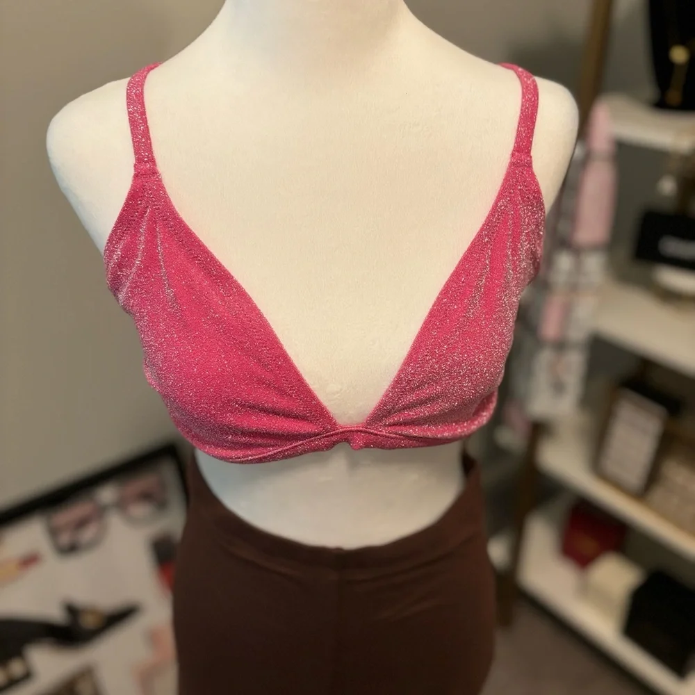 SKIMS GLITTER SWIM TRIANGLE BIKINI TOP IN MAGENTA NWT 3X